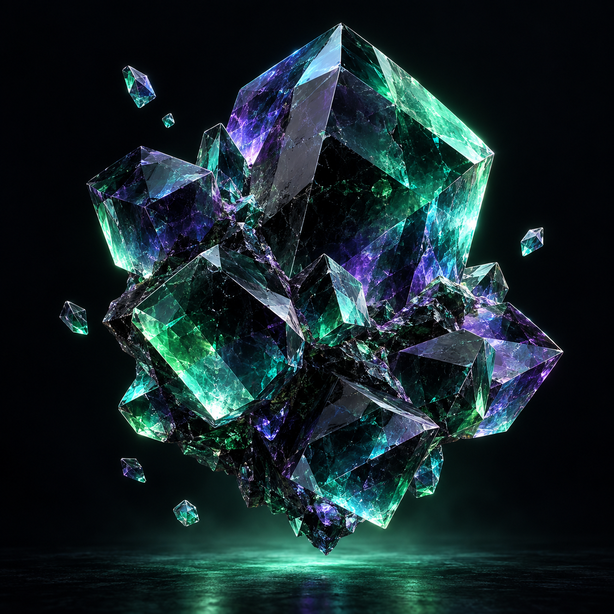 Floating fluorite crystal with turquoise, violet and blue reflections